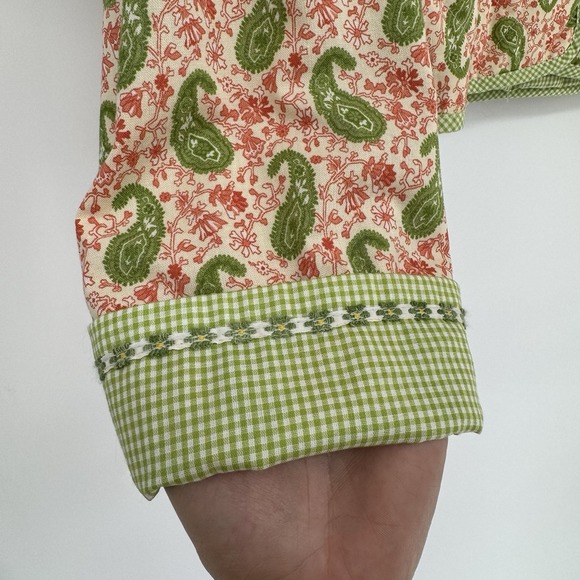 Handmade Women's Jacket Hand Quilted Paisley Green Gingham‎ Trim Button Large - Picture 3 of 10